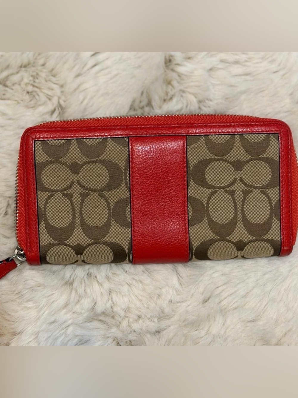 Coach Brown Signature Canvas Wallet with Red Leather Accents